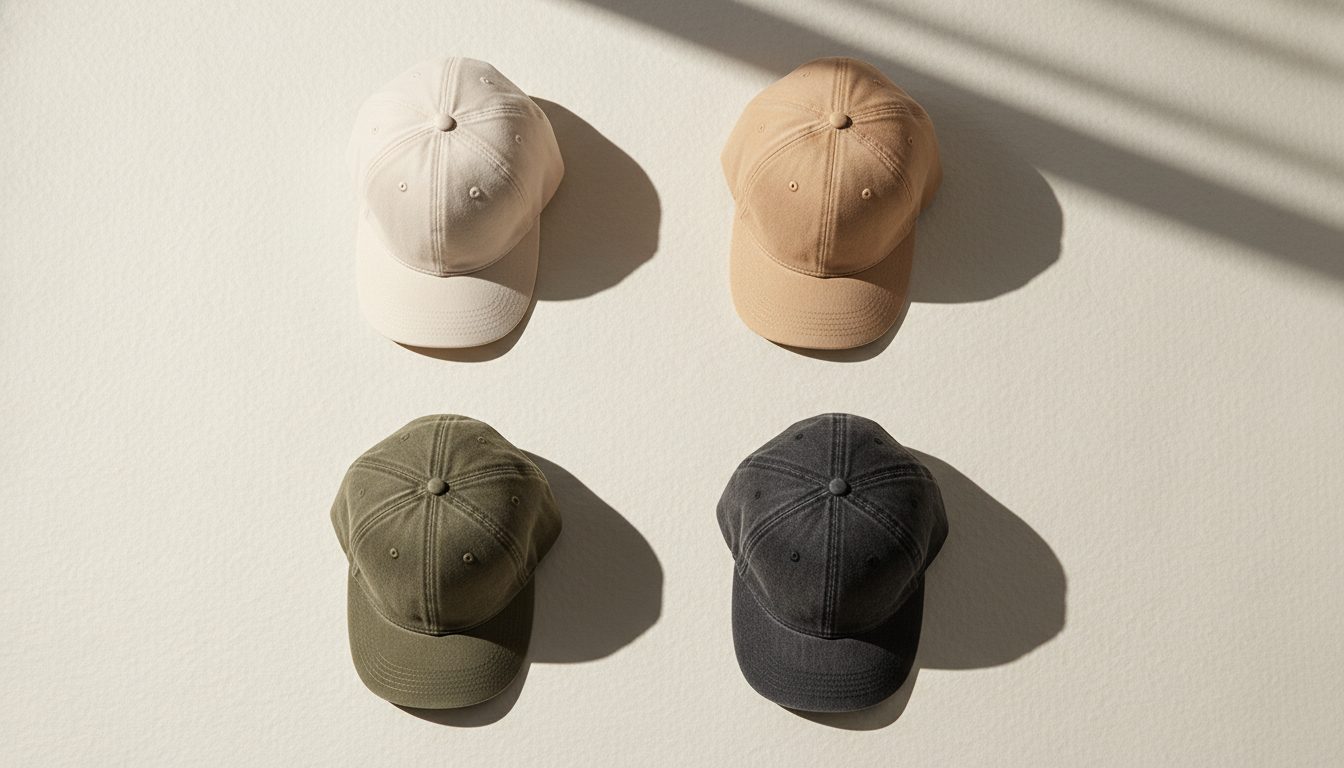 Editorial overhead grid of five premium streetwear caps in muted earth tones — best caps 2026 collection feature by KRWN District