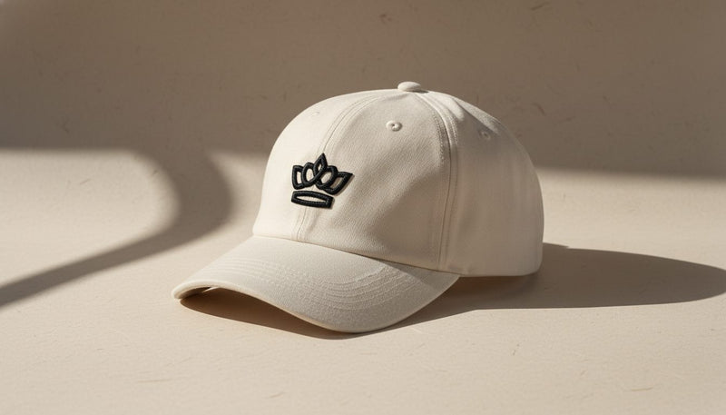 Premium cream cotton canvas baseball cap by KRWN District — editorial product shot showing structured front panel and embroidered crown detail