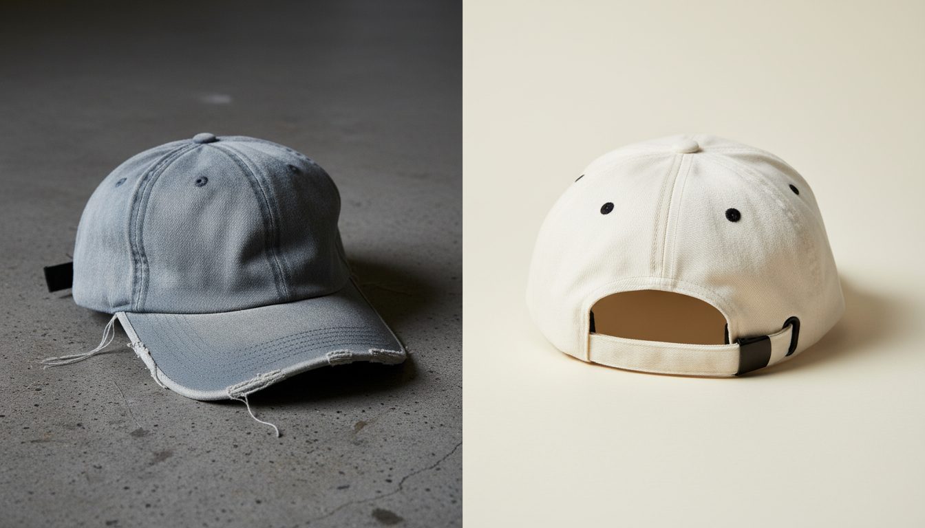 Editorial split-frame contrast — faded fast-fashion polyester cap vs pristine premium cotton canvas cap by KRWN District