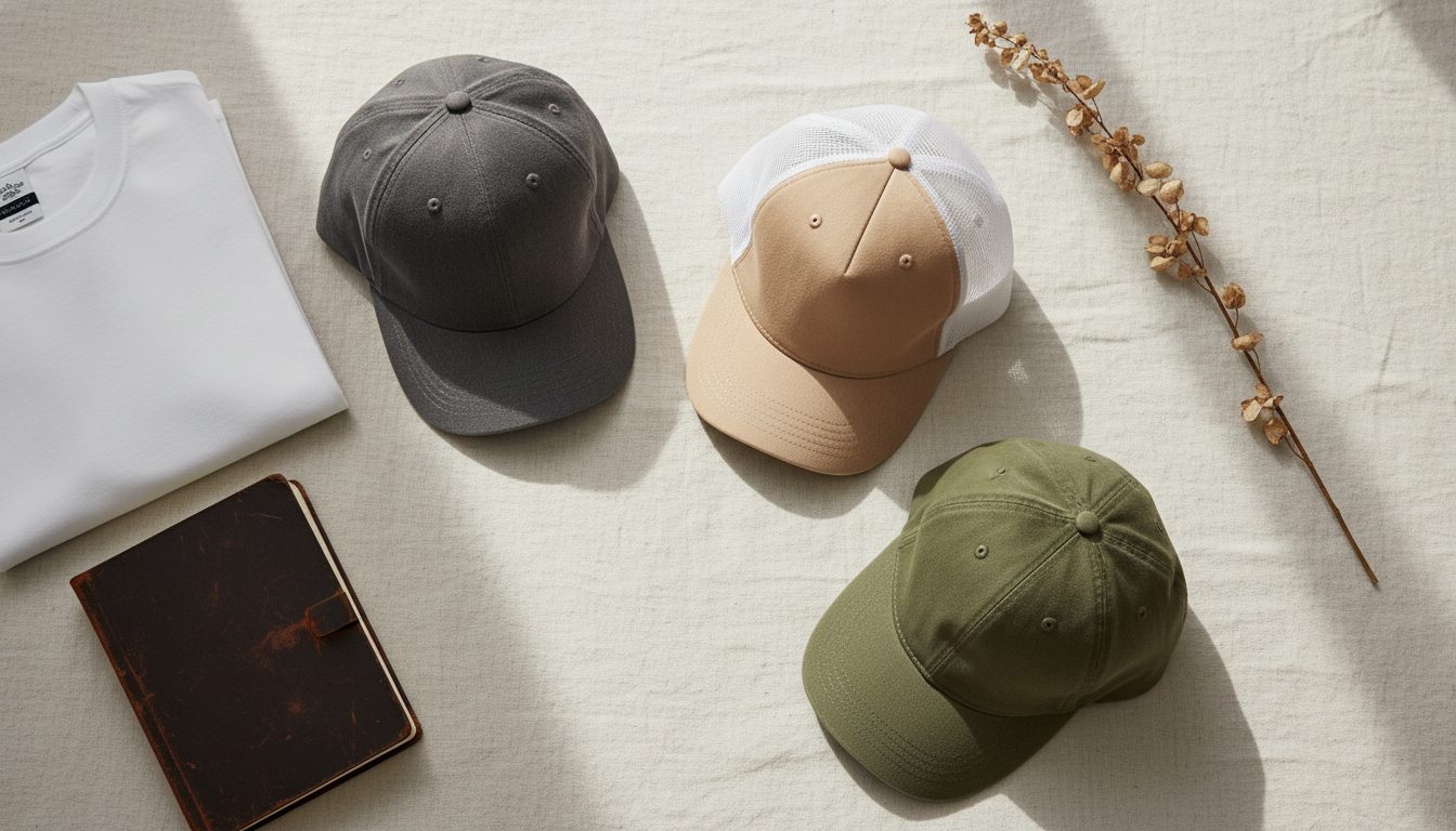 Editorial flat-lay of three premium streetwear caps — baseball, trucker, dad cap — for 2026 style guide by KRWN District