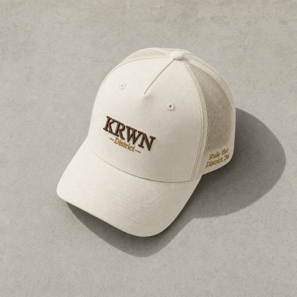 KRWN District trucker cap — stone flat lay card