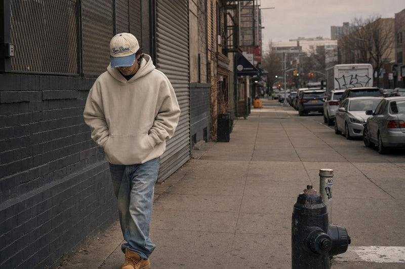 Person in a cream hoodie and light washed jeans walking down a city sidewalk, wearing The Culture Two-Tone vintage dad cap by KRWN DISTRICT (AI-generated)