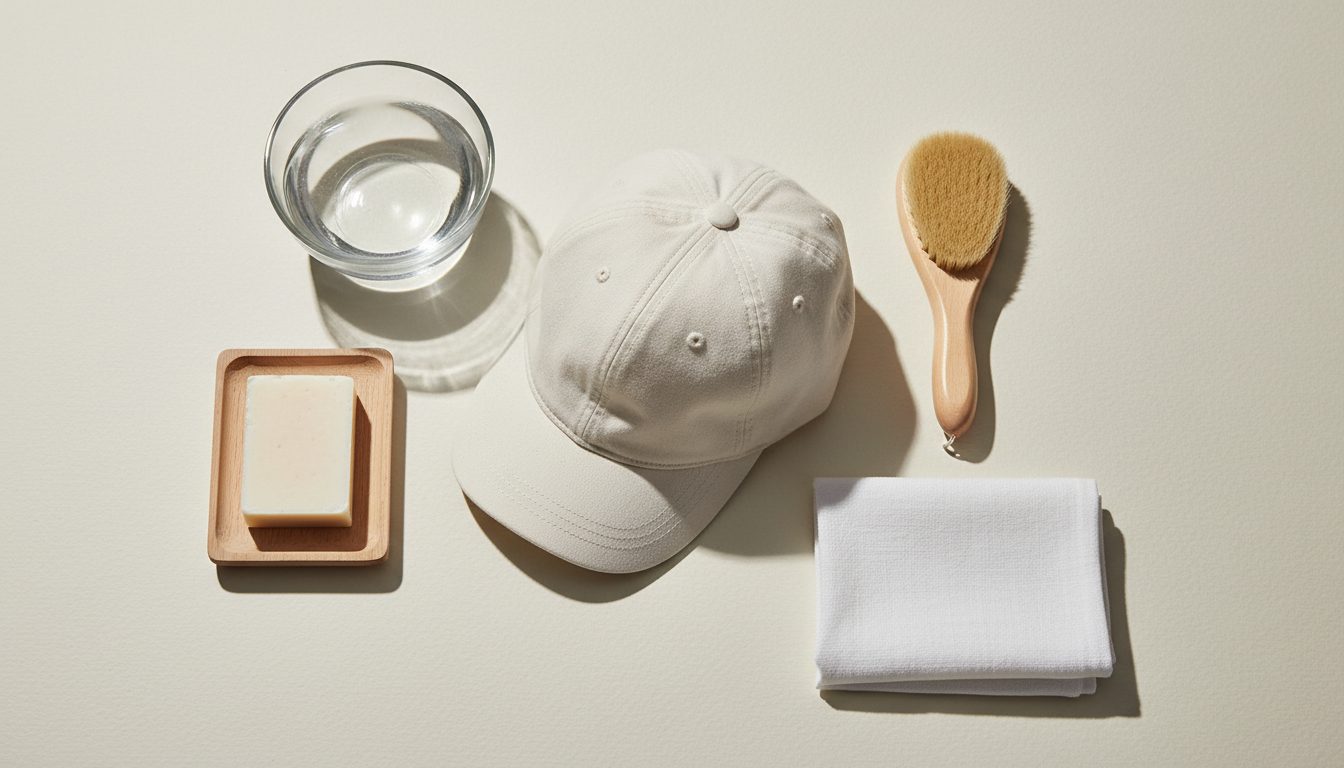 Top-down editorial still-life of premium cap care essentials — soft brush, linen cloth, water bowl, mild soap — by KRWN District