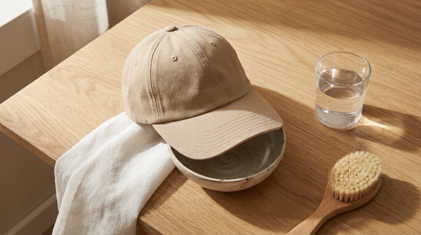 Premium beige cotton canvas baseball cap air-drying on a ceramic bowl with brush and linen cloth — KRWN District care guide editorial