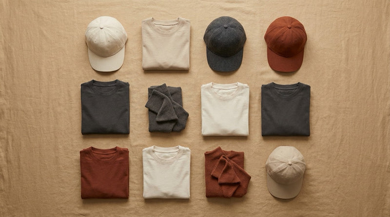 Curated grid of eight neutral-toned streetwear pieces on warm linen surface — KRWN District German streetwear authority editorial