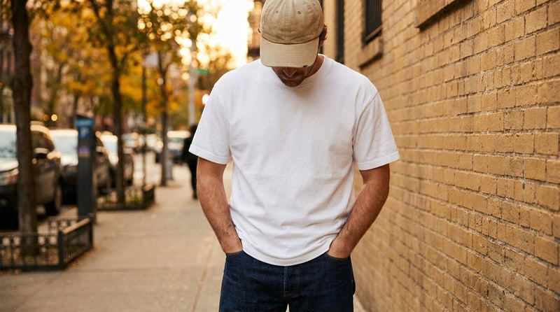 Male torso editorial in beige cotton canvas baseball cap with white tee and indigo denim bridging Y2K-to-Quiet-Luxury aesthetic — KRWN District trend pivot editorial