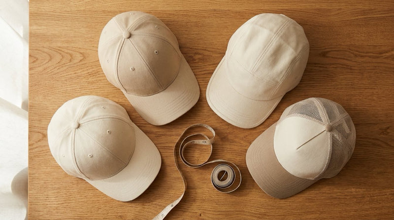 Editorial flatlay of four premium cotton canvas caps in neutral tones with measuring tape — KRWN District style guide 5 outfit combos editorial