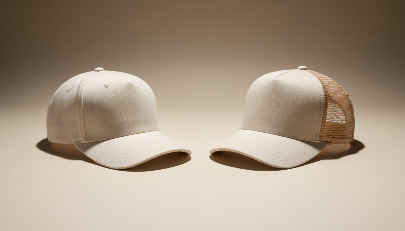 Side-by-side editorial photograph of premium baseball cap and trucker cap with mesh back — construction comparison by KRWN District