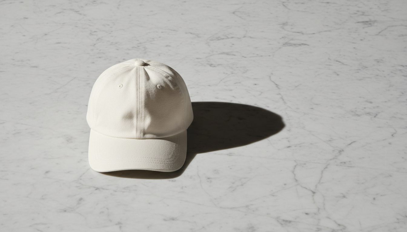 Minimalist editorial photograph of unbranded cream cotton baseball cap on stone marble — quiet luxury without loud logos by KRWN District