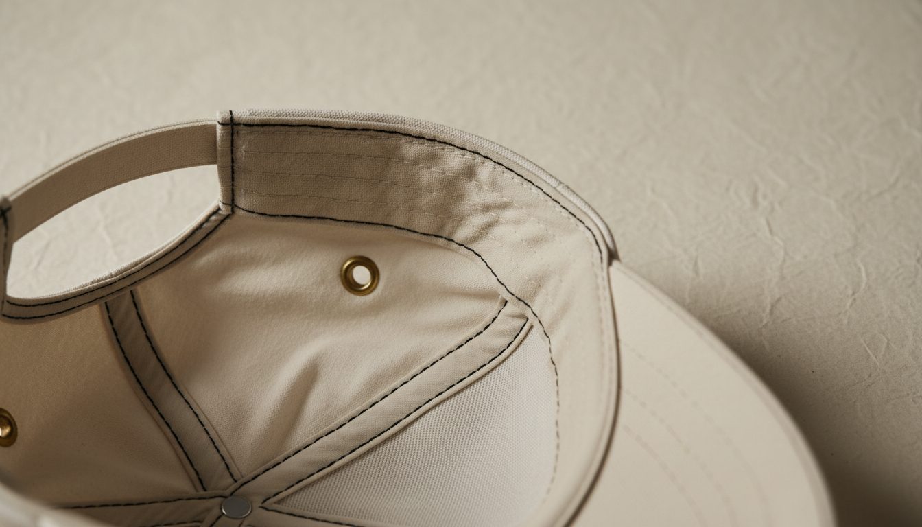 Macro close-up of premium cap interior construction — reinforced buckram, double stitching, brass eyelet detail by KRWN District