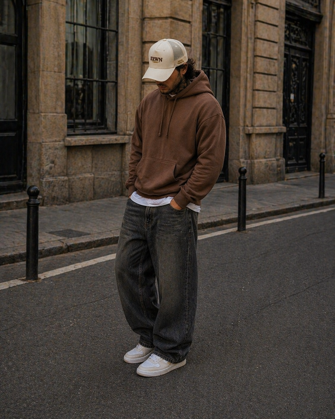KRWN District Baseball Cap mit hand-bestickter Krone in Embroidery-Brown auf Cream-Cotton-Canvas