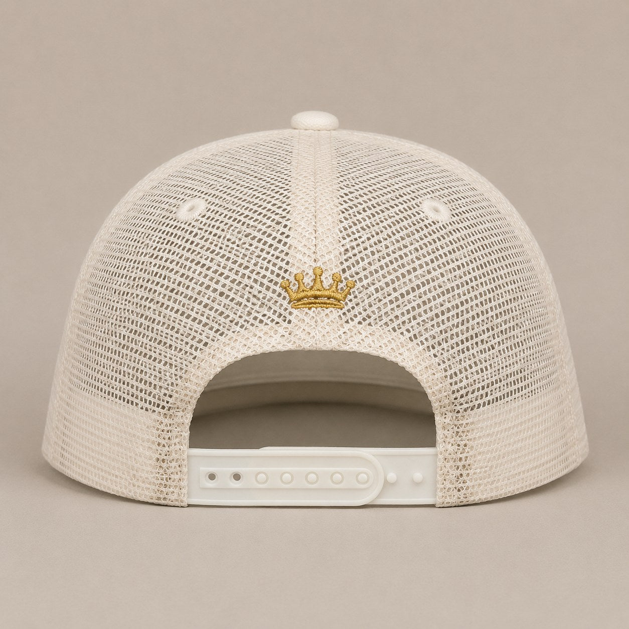 KRWN District Trucker Cap — back view with gold crown embroidery, mesh panels and adjustable closure