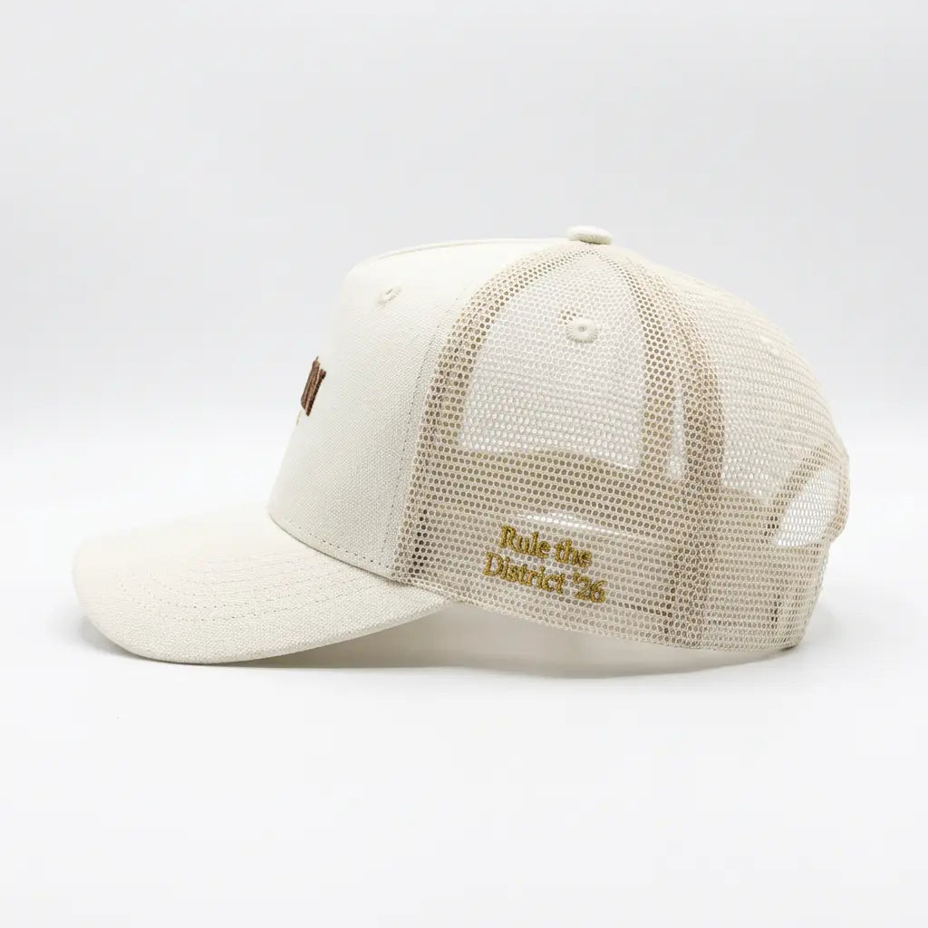 Premium Trucker Cap Beige, Front Panel — Structured Streetwear Trucker Cap KRWN District