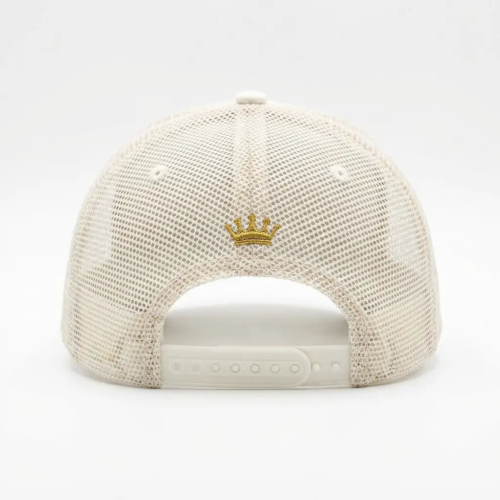 Premium Trucker Cap Beige, Mesh Back Detail — KRWN District Streetwear Cap