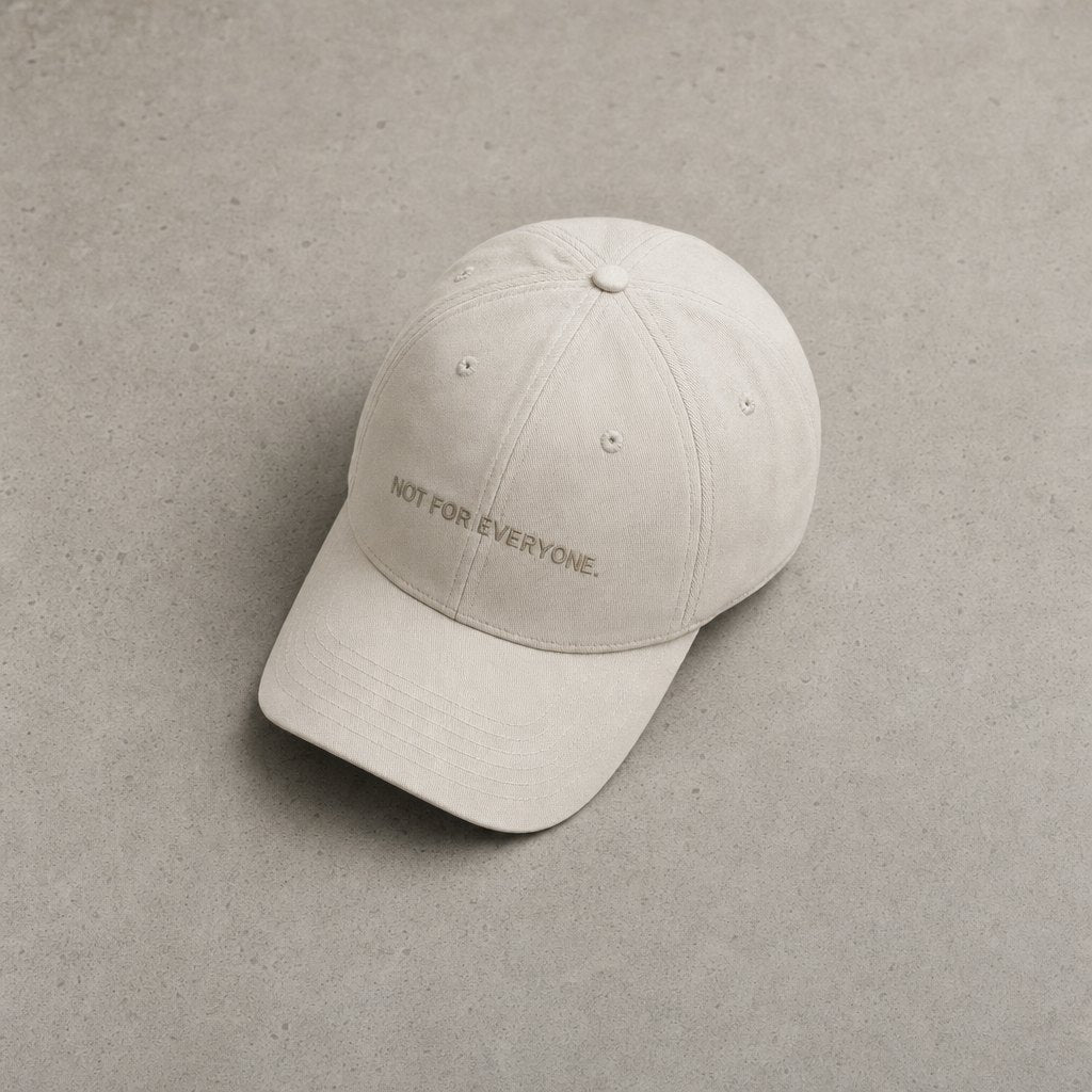 KRWN District Baseball Cap The Code — Stone Off White, editorial flat-lay product photo